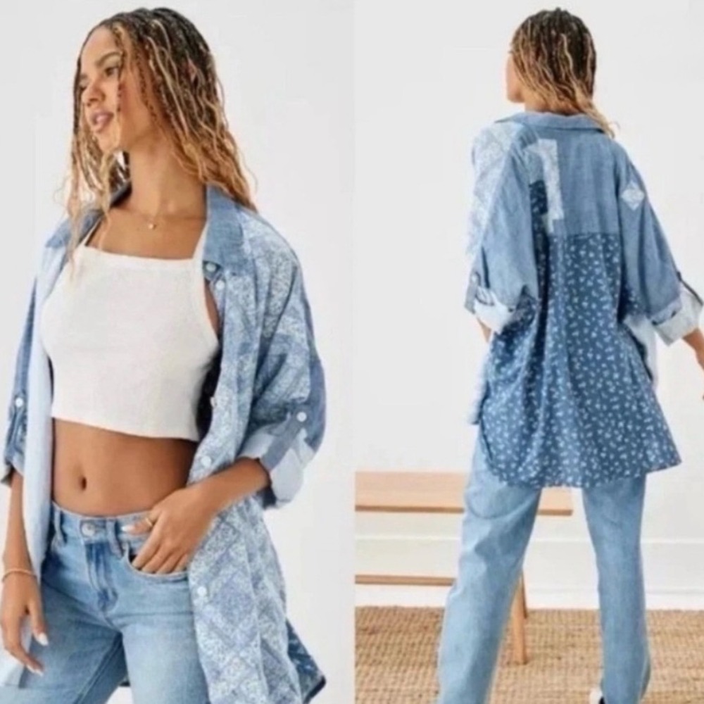 American Eagle Patchwork Button Down Shirt Large … - image 1